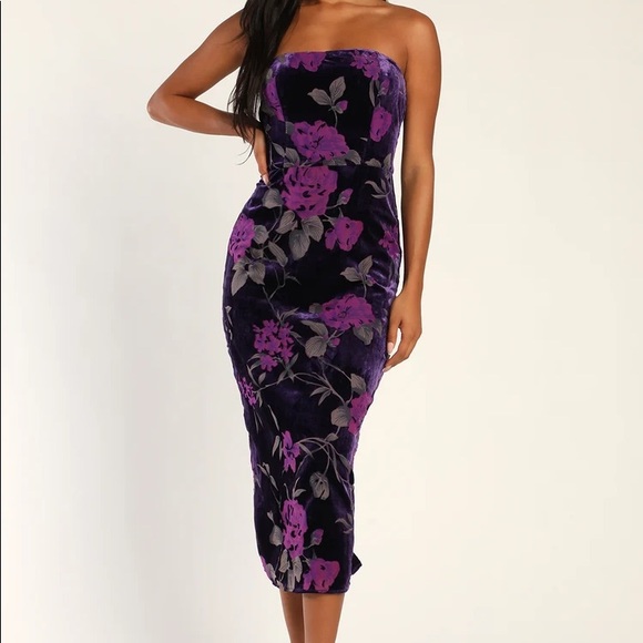 Lulus Dresses & Skirts - Lulus “Buy You Flowers Purple Floral Print Velvet Strapless Midi Dress” Size SM